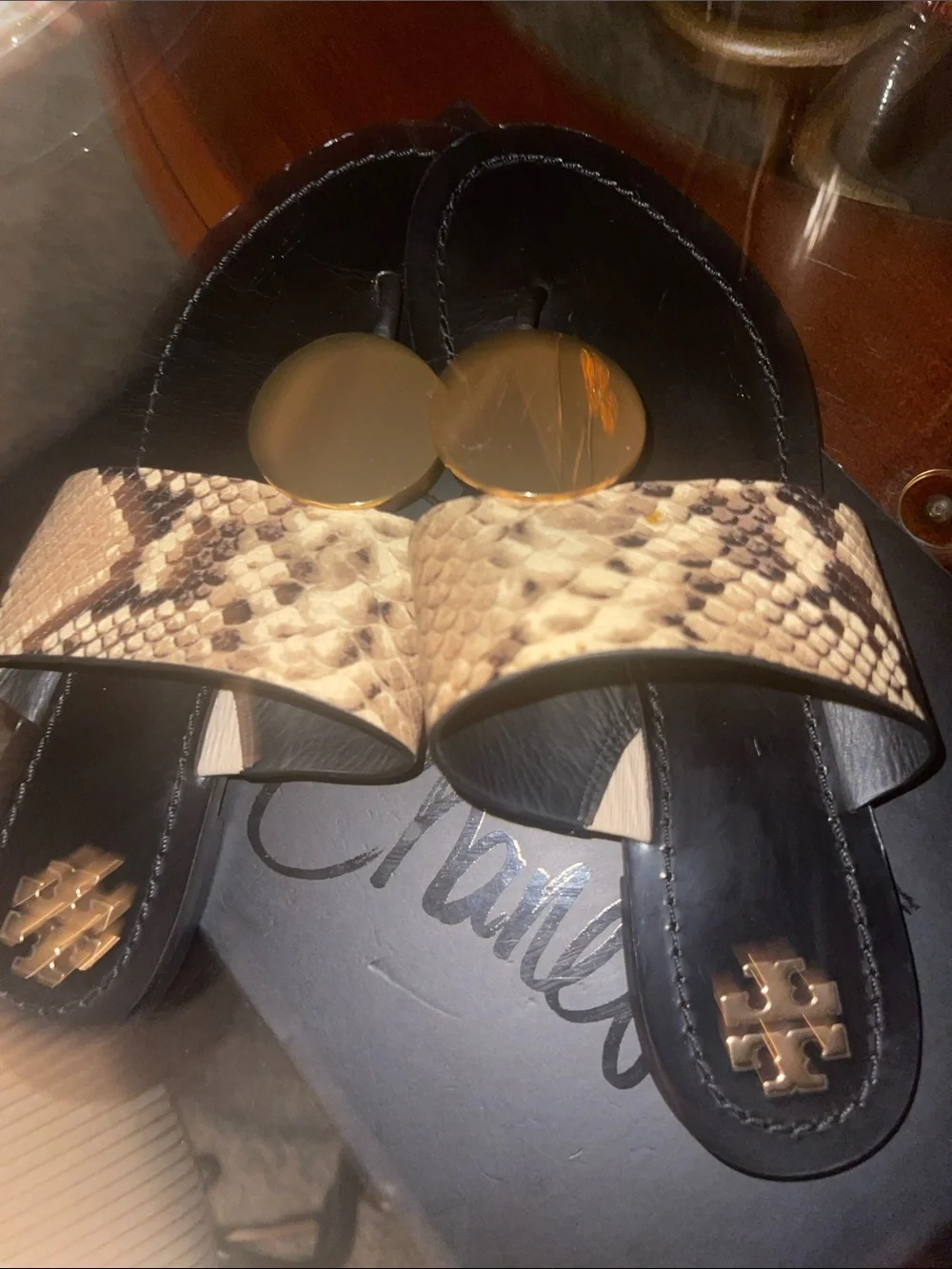 Tory Burch Black Slides with Snake-Print Strap and Gold Discs